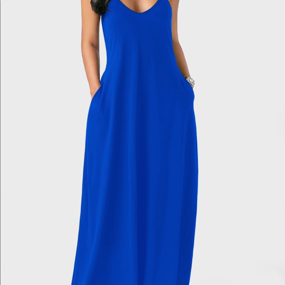 Adjustable Spaghetti Strap Blue Maxi Dress .